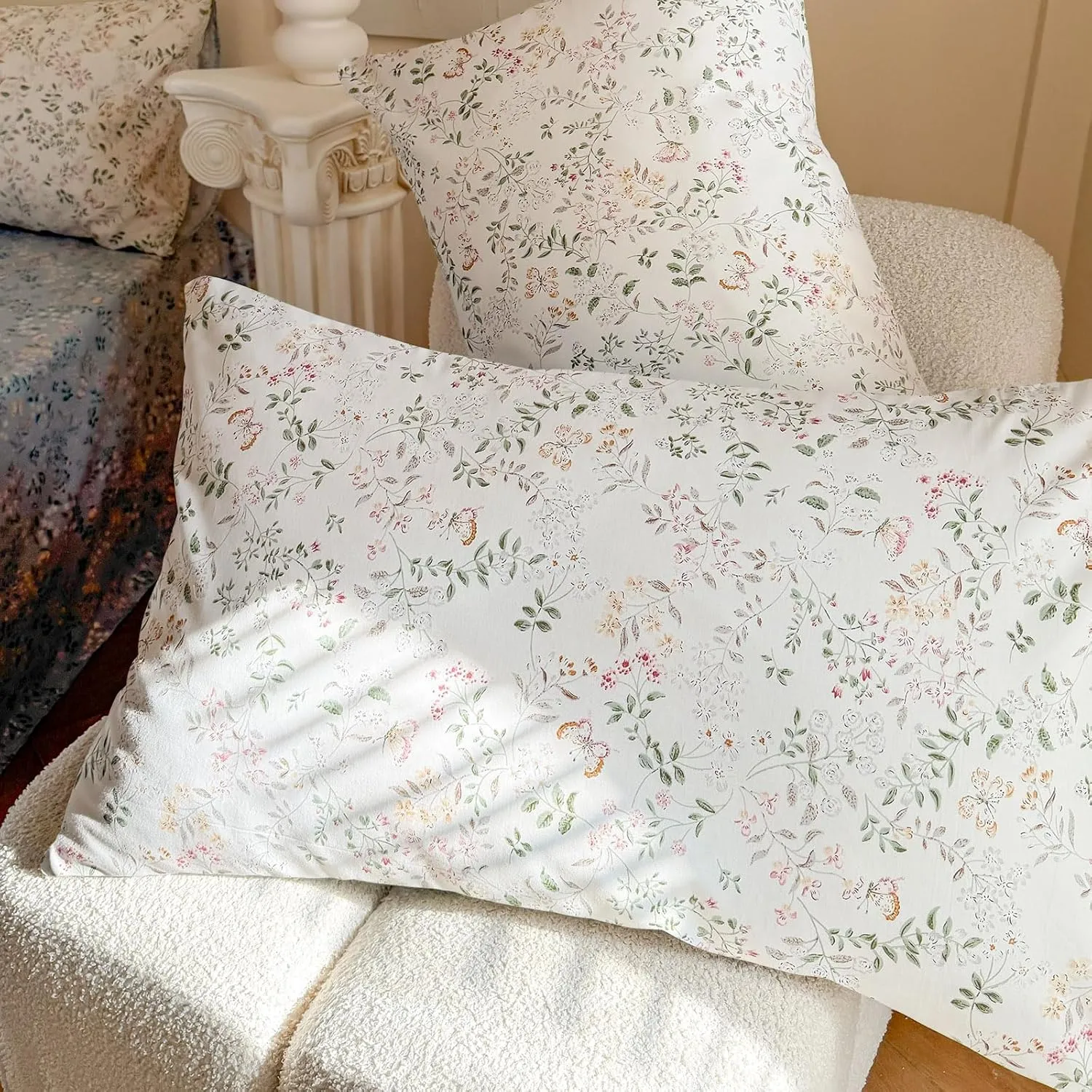 EAVD Garden Botanical Floral Duvet Cover Queen Soft Cotton Chic Shabby Floral Leaves Pattern Bedding Set with 2 Pillowcases Fresh Cute Botanical Comforter Cover with Zipper Closure