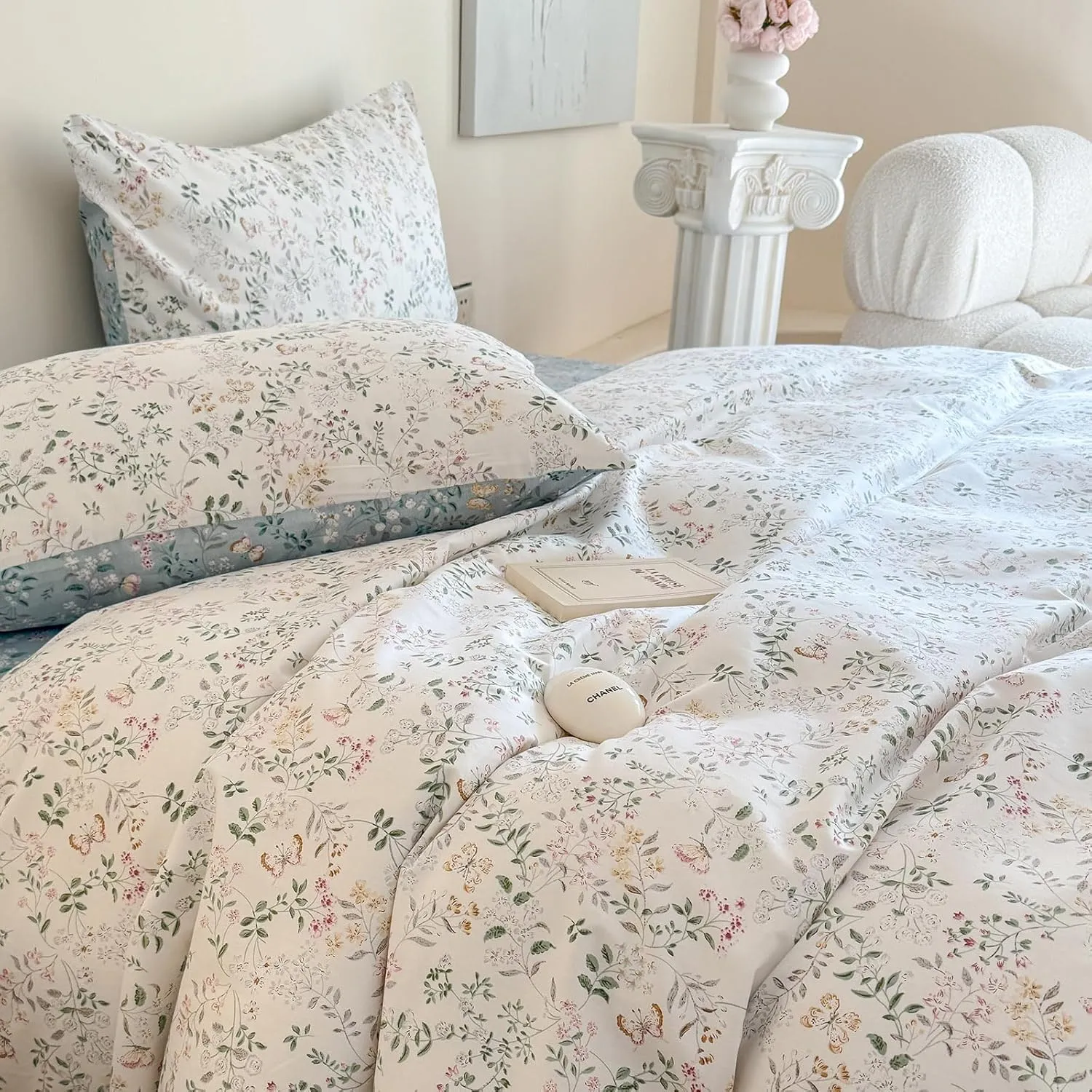 EAVD Garden Botanical Floral Duvet Cover Queen Soft Cotton Chic Shabby Floral Leaves Pattern Bedding Set with 2 Pillowcases Fresh Cute Botanical Comforter Cover with Zipper Closure