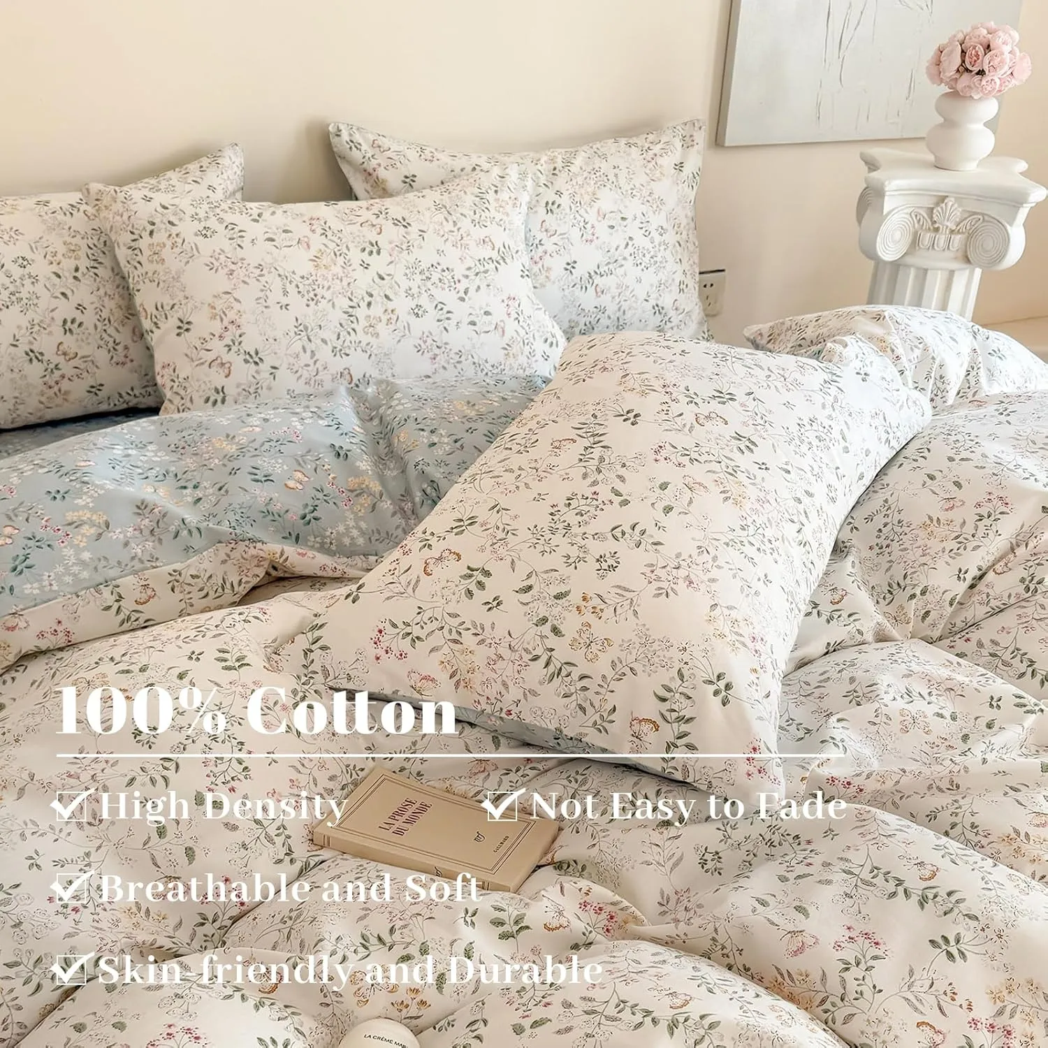 EAVD Garden Botanical Floral Duvet Cover Queen Soft Cotton Chic Shabby Floral Leaves Pattern Bedding Set with 2 Pillowcases Fresh Cute Botanical Comforter Cover with Zipper Closure