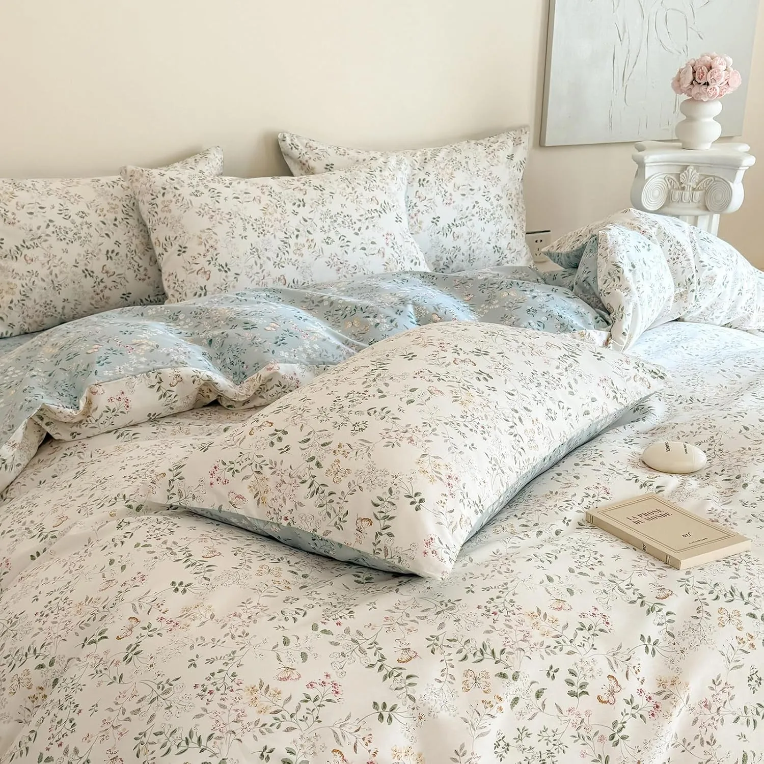 EAVD Garden Botanical Floral Duvet Cover Queen Soft Cotton Chic Shabby Floral Leaves Pattern Bedding Set with 2 Pillowcases Fresh Cute Botanical Comforter Cover with Zipper Closure