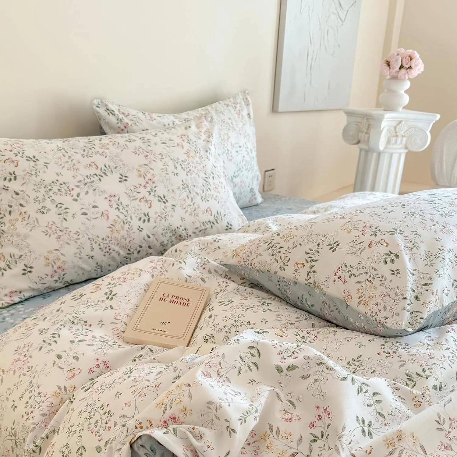 EAVD Garden Botanical Floral Duvet Cover Queen Soft Cotton Chic Shabby Floral Leaves Pattern Bedding Set with 2 Pillowcases Fresh Cute Botanical Comforter Cover with Zipper Closure