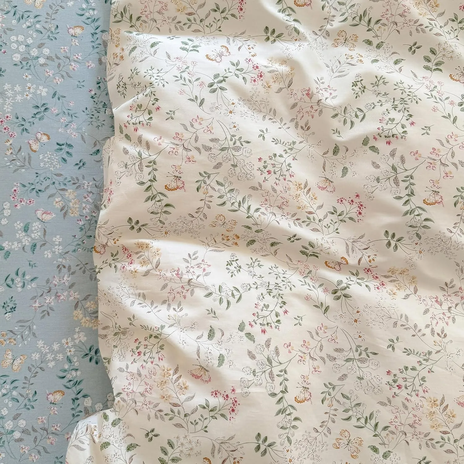 EAVD Garden Botanical Floral Duvet Cover Queen Soft Cotton Chic Shabby Floral Leaves Pattern Bedding Set with 2 Pillowcases Fresh Cute Botanical Comforter Cover with Zipper Closure