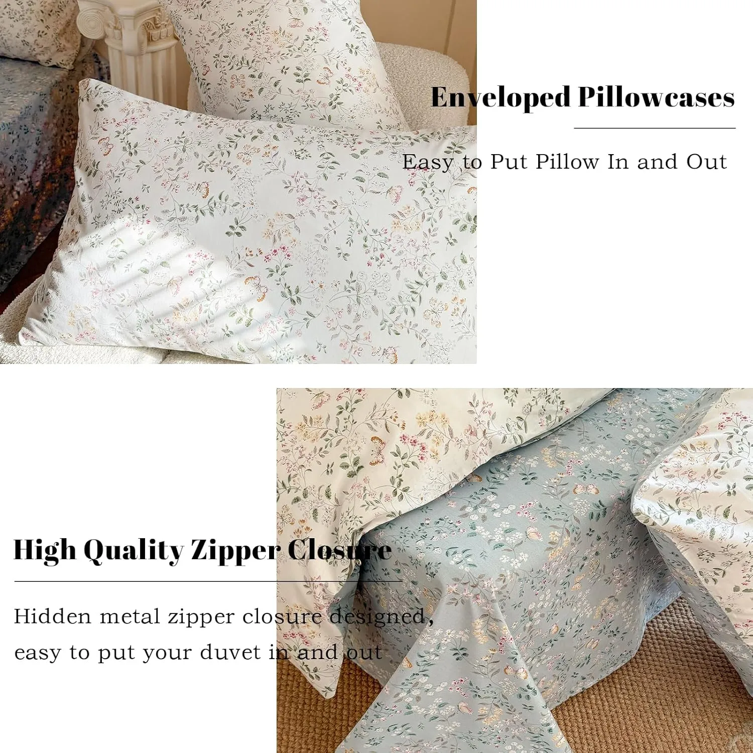 EAVD Garden Botanical Floral Duvet Cover Queen Soft Cotton Chic Shabby Floral Leaves Pattern Bedding Set with 2 Pillowcases Fresh Cute Botanical Comforter Cover with Zipper Closure