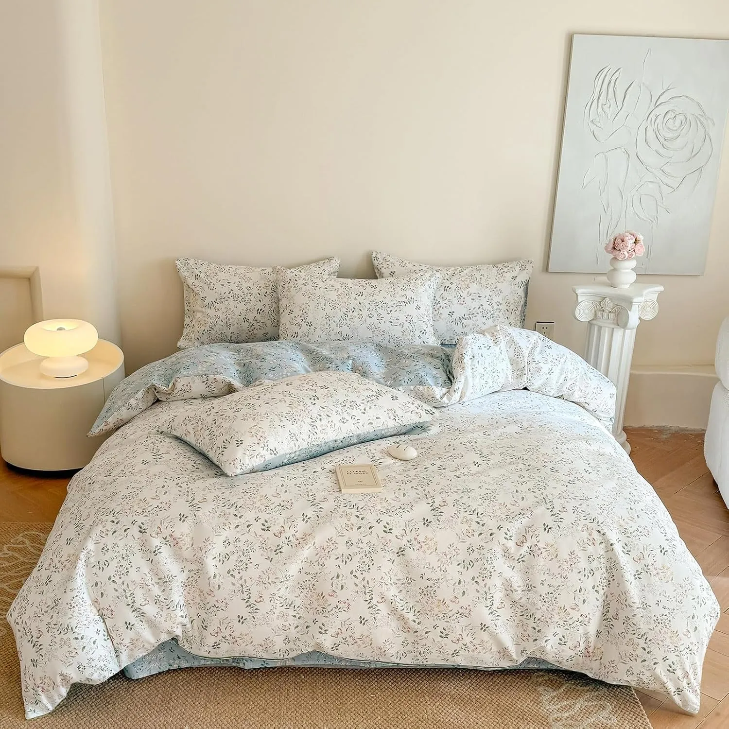 EAVD Garden Botanical Floral Duvet Cover Queen Soft Cotton Chic Shabby Floral Leaves Pattern Bedding Set with 2 Pillowcases Fresh Cute Botanical Comforter Cover with Zipper Closure