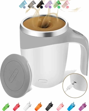EBAT Automatic Electric Magnetic Stirring Coffee Mug White/Gray 12.85Oz,Built-in Battery Rechargeable w. Type C,Safe Tiny Capsule Mixer to Replace Blade Blender,304 Stainless Steel Liner Easy to Clean
