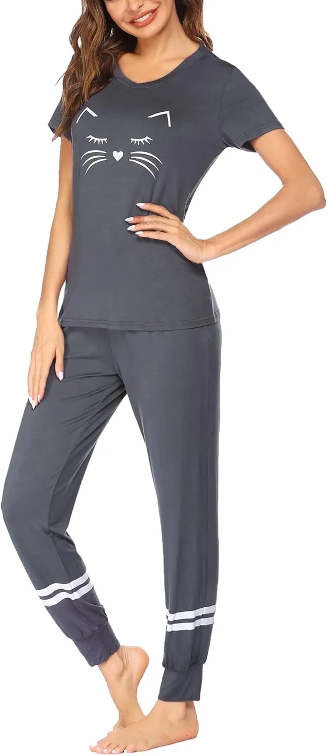 Ekouaer Womens Pajamas Set Short Sleeve Sleepwear Tops with Long Pants Pjs Set Print Nightwear