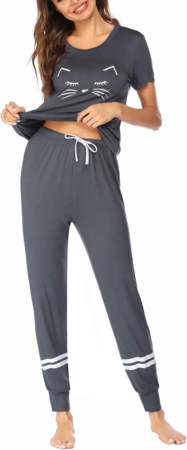 Ekouaer Womens Pajamas Set Short Sleeve Sleepwear Tops with Long Pants Pjs Set Print Nightwear