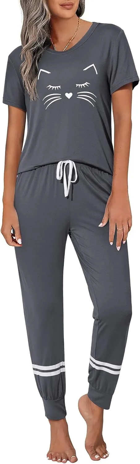 Ekouaer Womens Pajamas Set Short Sleeve Sleepwear Tops with Long Pants Pjs Set Print Nightwear