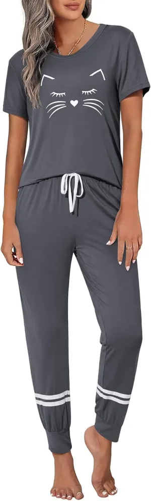 Ekouaer Womens Pajamas Set Short Sleeve Sleepwear Tops with Long Pants Pjs Set Print Nightwear