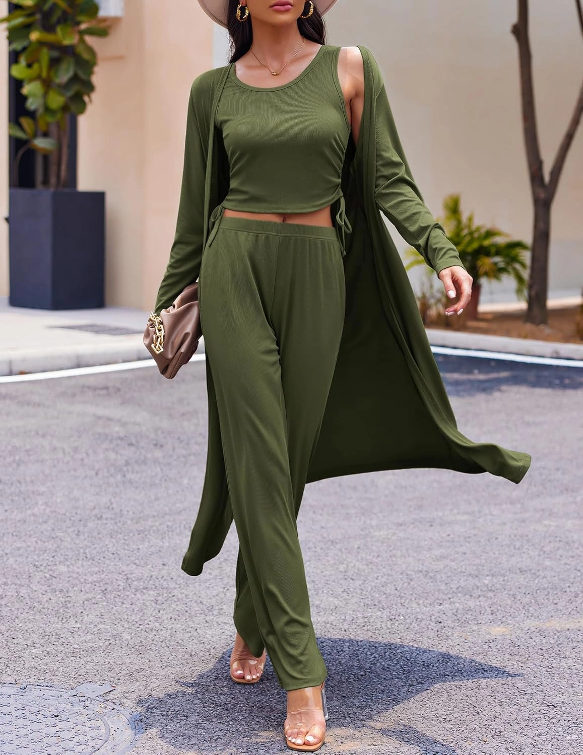 Ekouaer Women's 3 Piece Knit Lounge Set Pajama Long Sleeve Cardigan Sleeveless Top Pants Sweatsuit S-XXL