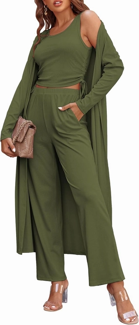Ekouaer Women's 3 Piece Knit Lounge Set Pajama Long Sleeve Cardigan Sleeveless Top Pants Sweatsuit S-XXL