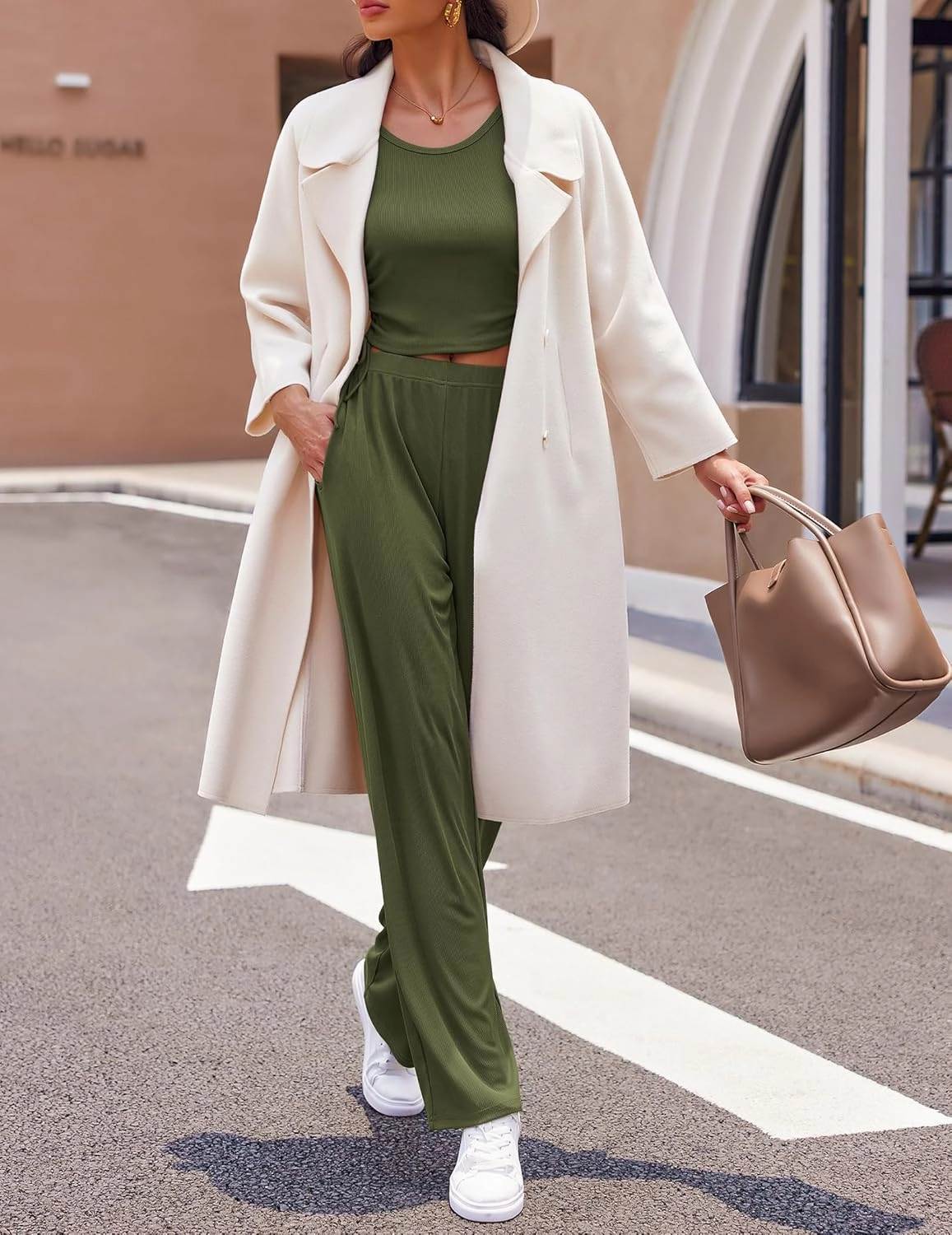 Ekouaer Women's 3 Piece Knit Lounge Set Pajama Long Sleeve Cardigan Sleeveless Top Pants Sweatsuit S-XXL
