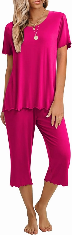 Ekouaer Women's Pajamas Set Short Sleeve Top With Capri Pants Pjs 2 PIece Lounge & Sleepwear Set S-XXL