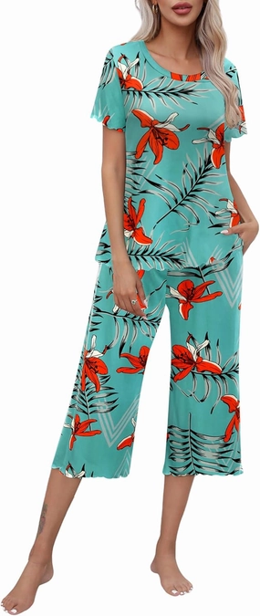 Ekouaer Women's Pajamas Set Short Sleeve Top With Capri Pants Pjs Lounge & Sleepwear Set S-XXL