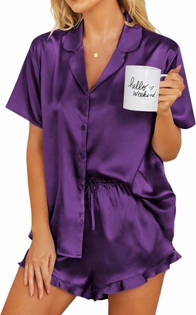 Ekouaer Womens Silk Pajamas Set Button Down 2 Piece Satin Pjs Shorts Set Ruffle Notch Collar Sleepwear
