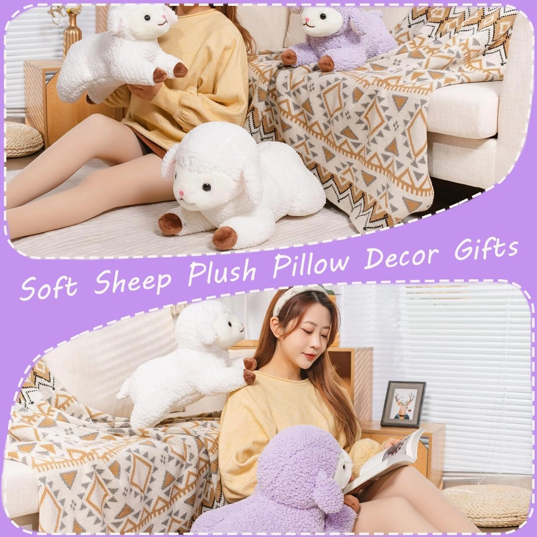 ELAINREN Cuddle Purple Sheep Plush Pillow Super Soft Lamb Stuffed Toy Soft Pillow Fluffy Alpaca Plushie Dolls Gifts/19.6''