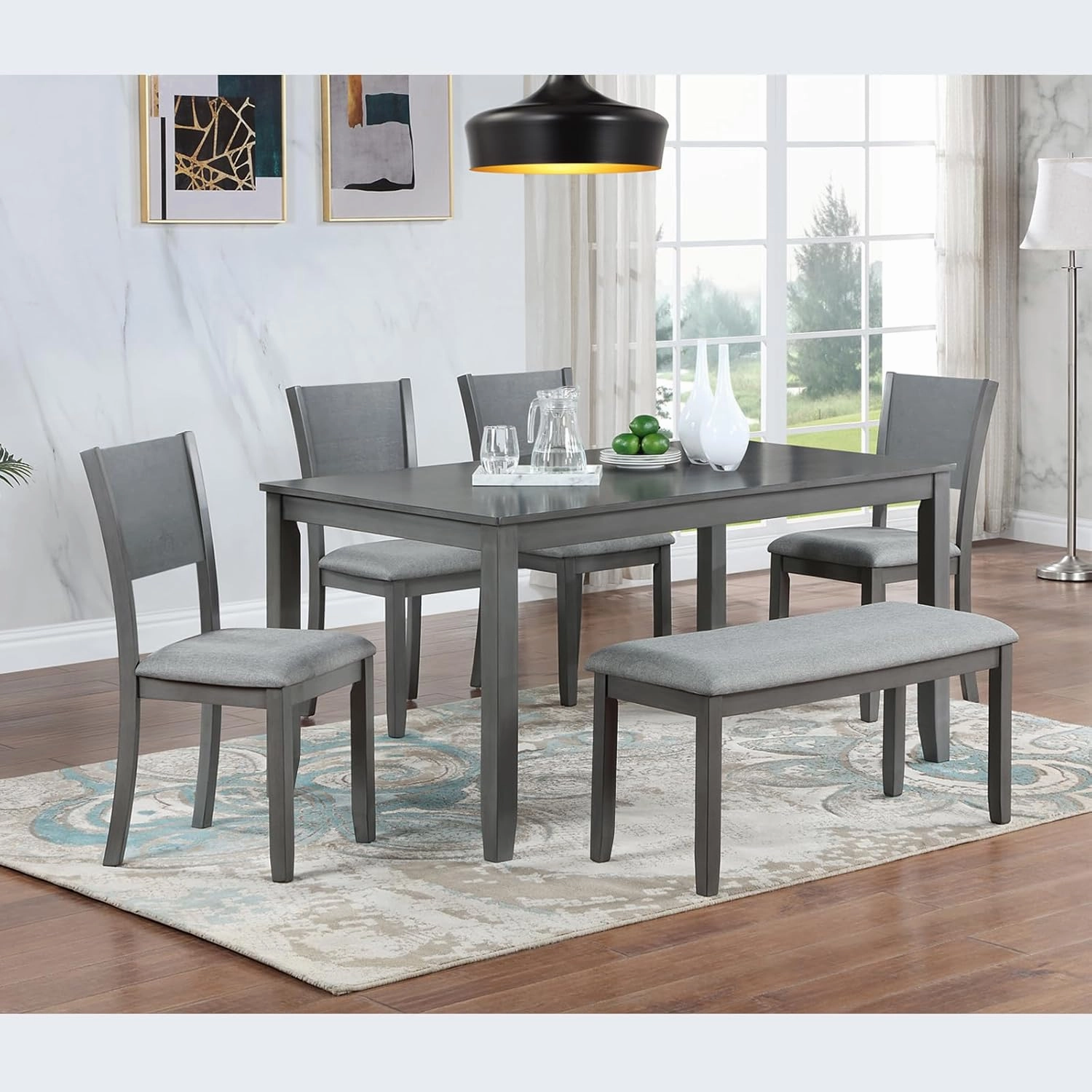 Elegant 6-Piece Kitchen Dining Set for Family Gatherings, Rectangular Table with 4 Upholstered Chairs and Bench, Gray