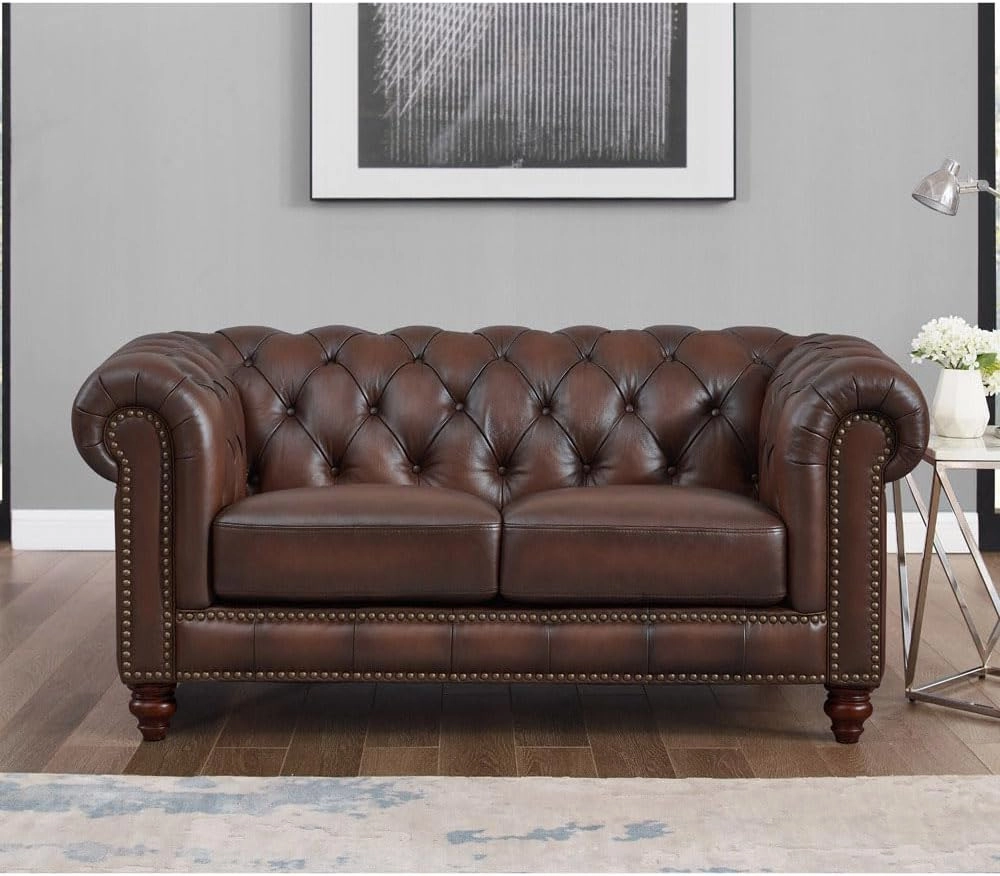 Elegant Chesterfield Style Leather Loveseat for Comfort and Style, Premium Goose Feather Cushioning, Brown