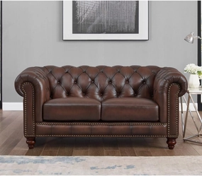 Elegant Chesterfield Style Leather Loveseat for Comfort and Style, Premium Goose Feather Cushioning, Brown