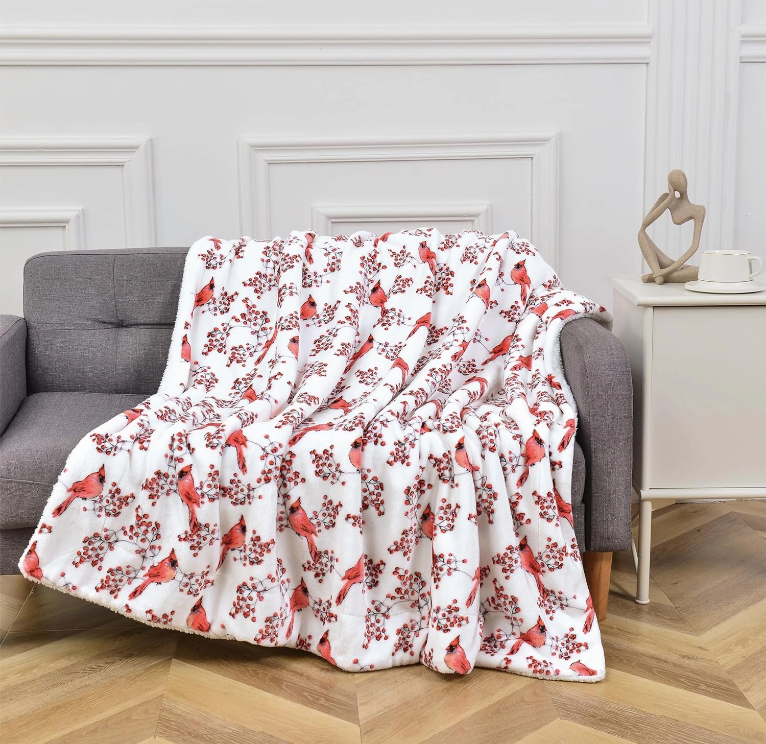 Elegant Comfort Reversible and Ultra-Plush Flannel Fleece-Winter Christmas Sherpa Throw- Lightweight Soft and Cozy-Holiday Decorative Throw, Perfect for Lounging, 50 x 60 inches, Red Cardinal