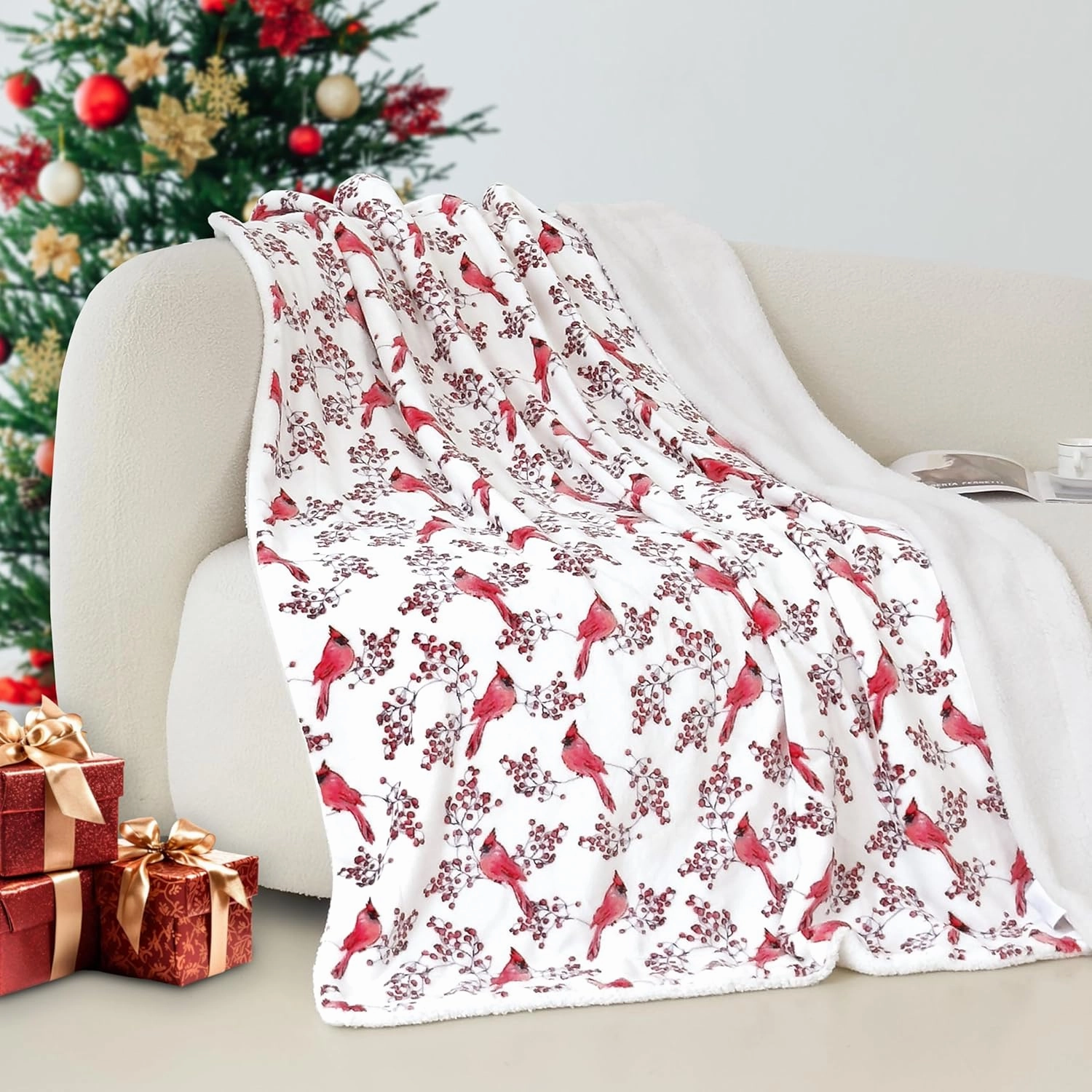 Elegant Comfort Reversible and Ultra-Plush Flannel Fleece-Winter Christmas Sherpa Throw- Lightweight Soft and Cozy-Holiday Decorative Throw, Perfect for Lounging, 50 x 60 inches, Red Cardinal