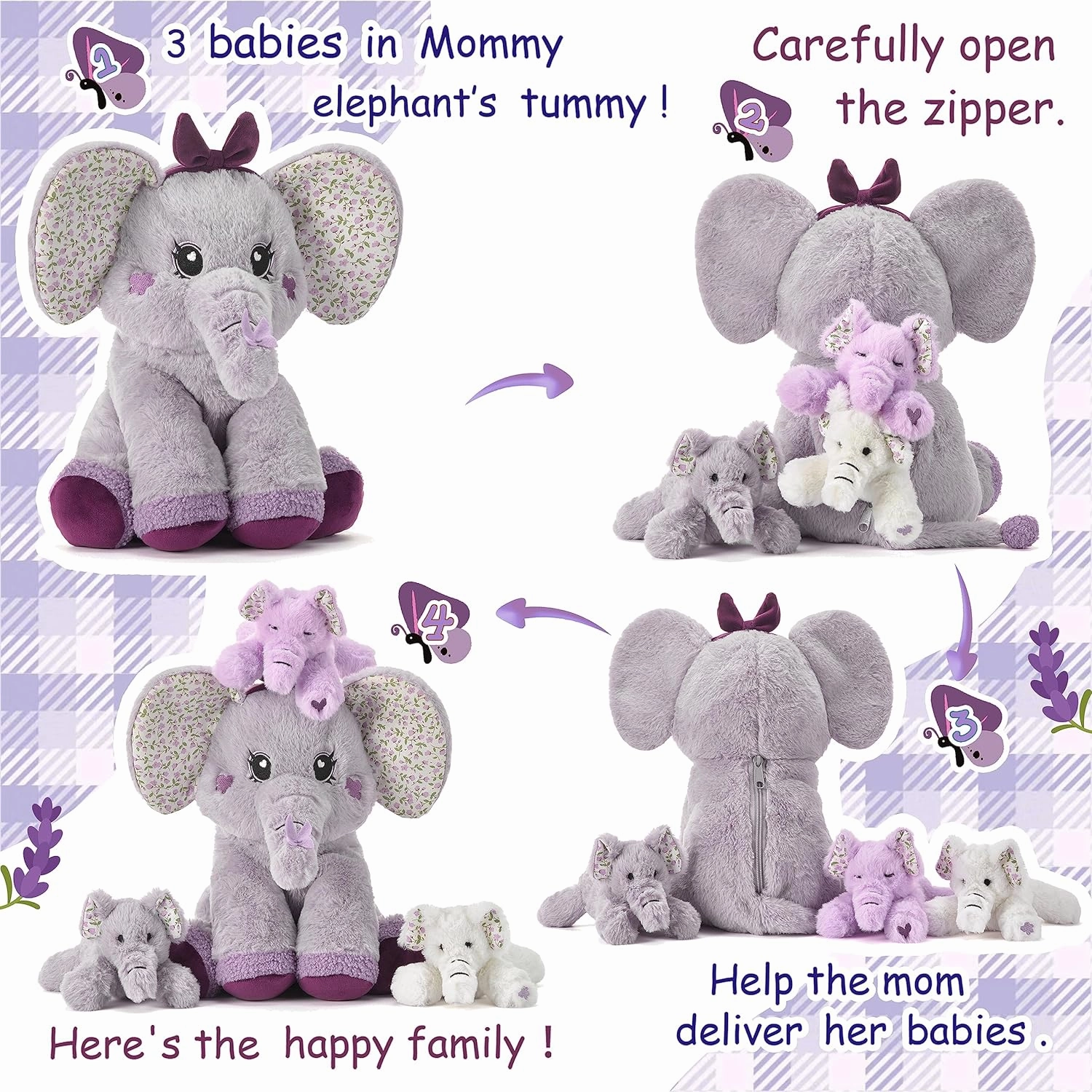 Elephant Mommy Stuffed Animal Mom and Baby Plush Toy, Cute 13" Small Soft Mama Family Set Toys with Mini Little Babies,Gifts for Kid