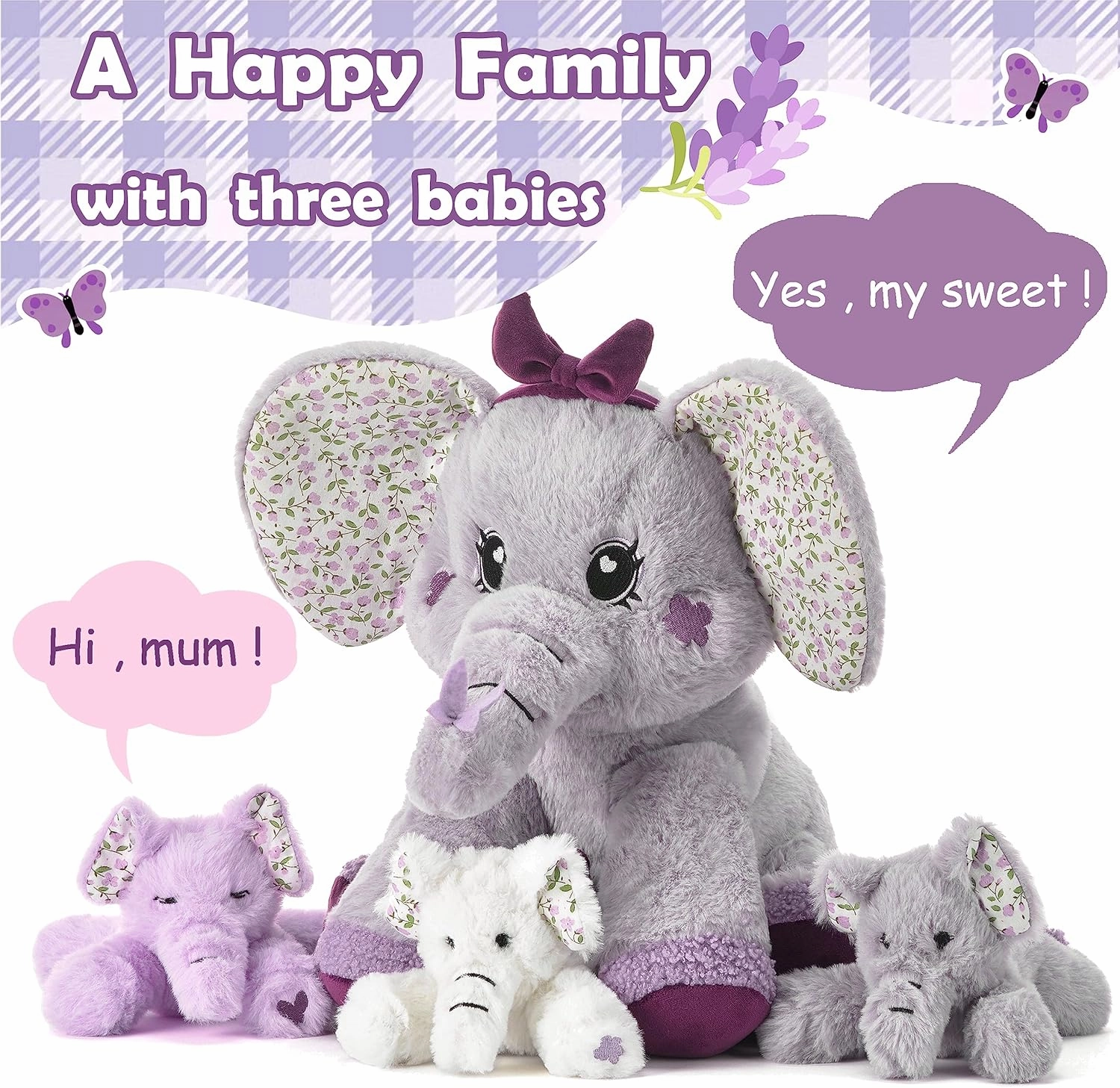 Elephant Mommy Stuffed Animal Mom and Baby Plush Toy, Cute 13" Small Soft Mama Family Set Toys with Mini Little Babies,Gifts for Kid
