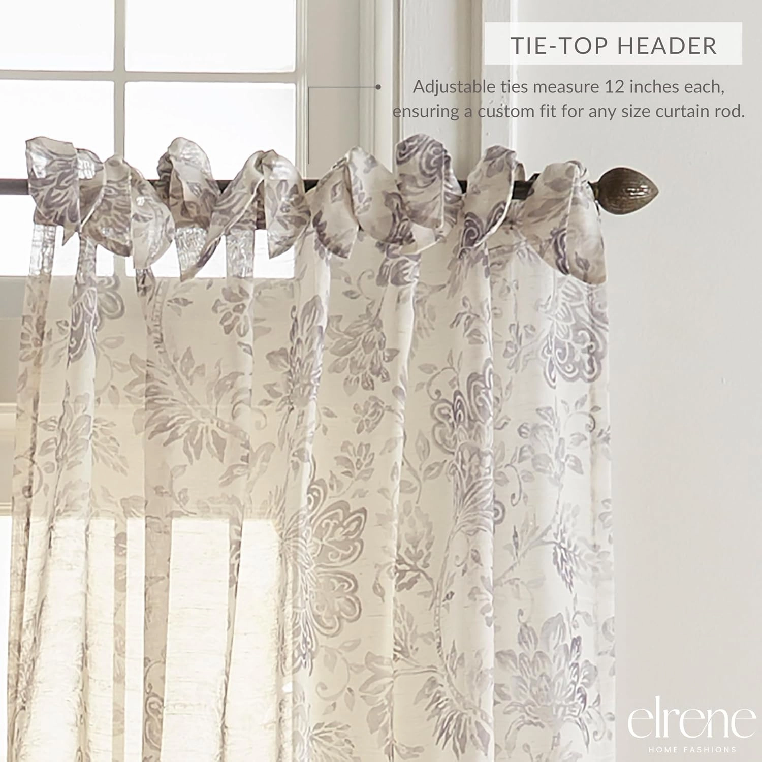 Elrene Home Fashions Westport Floral Tie-Top Sheer Window Curtain, 52" x 95" (1 Panel), Grey