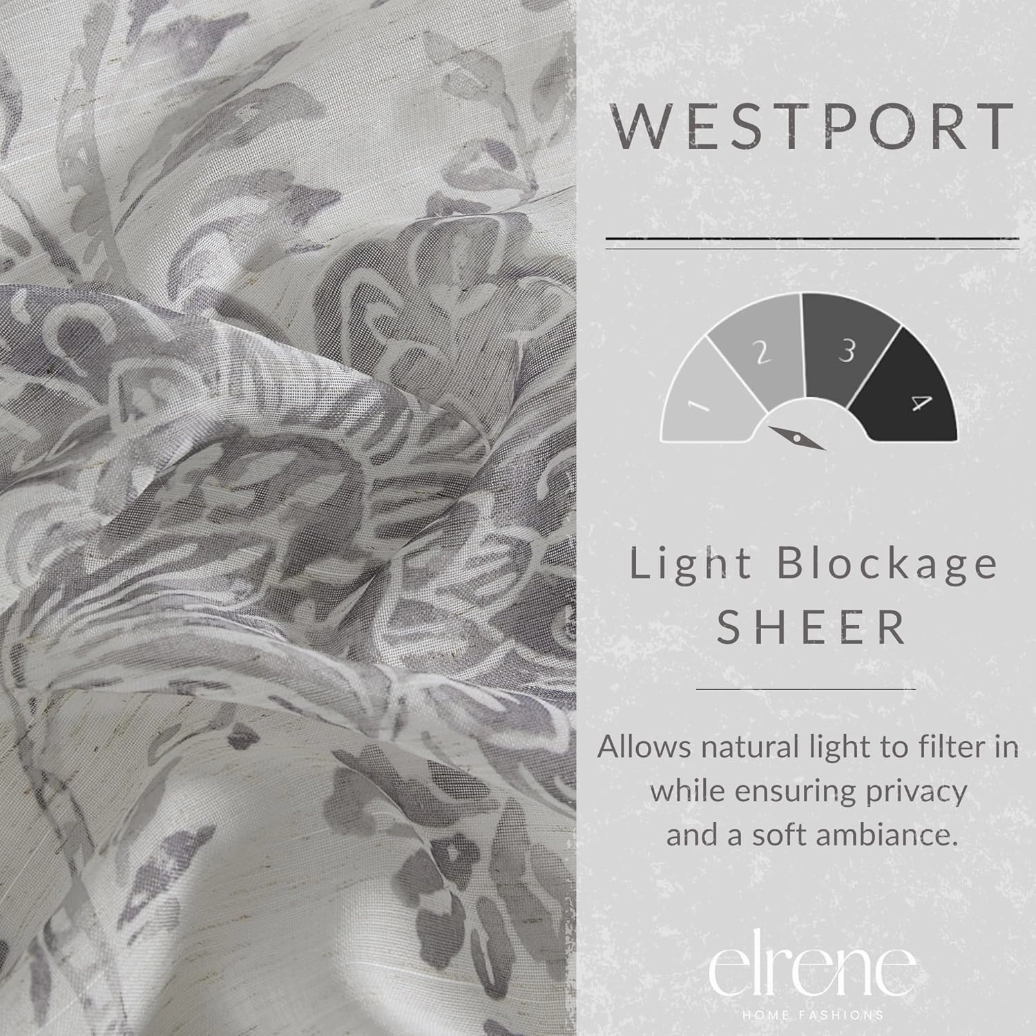 Elrene Home Fashions Westport Floral Tie-Top Sheer Window Curtain, 52" x 95" (1 Panel), Grey