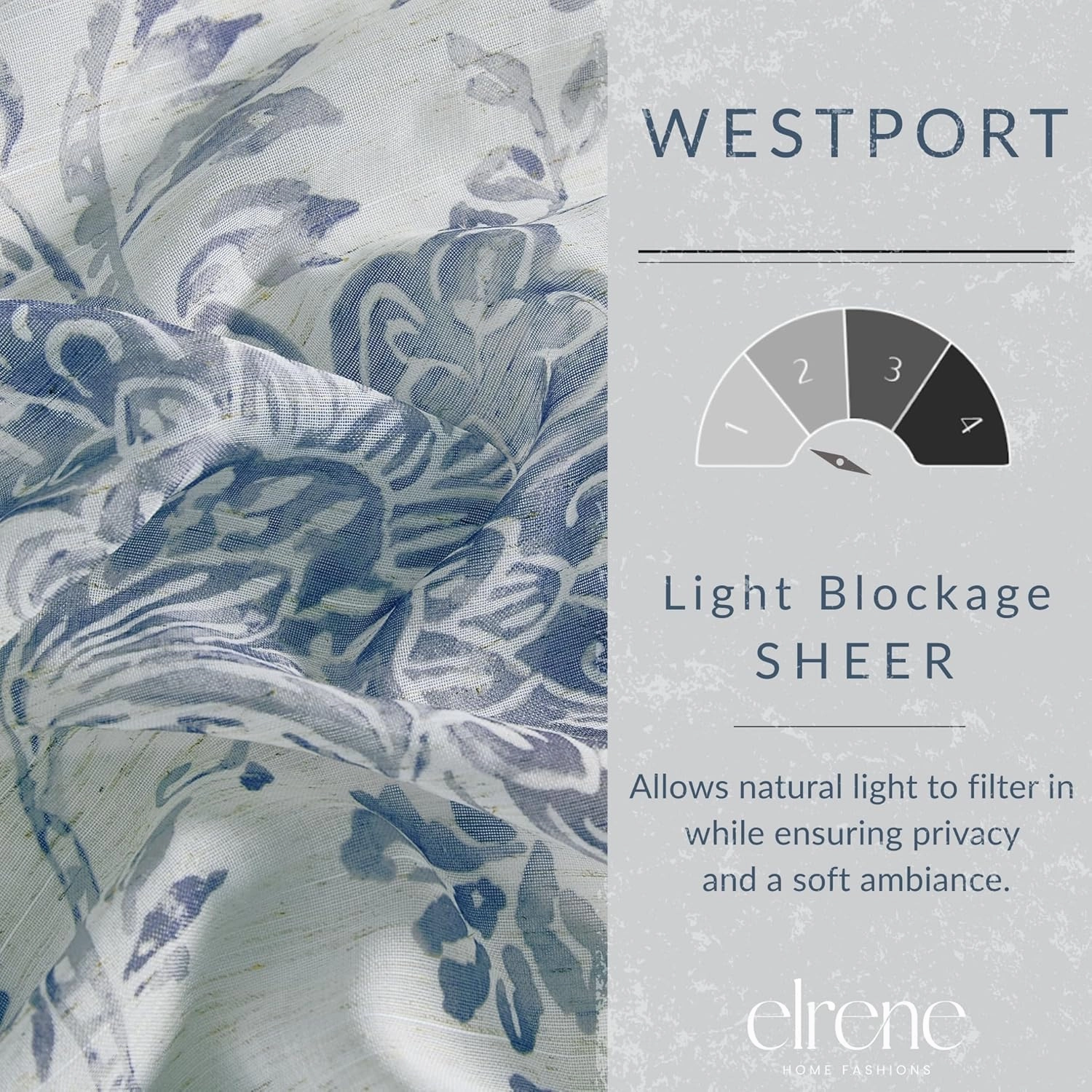 Elrene Home Fashions Westport Floral Tie-Top Sheer Window Curtain Panel, 52" x 84" (1), Indigo