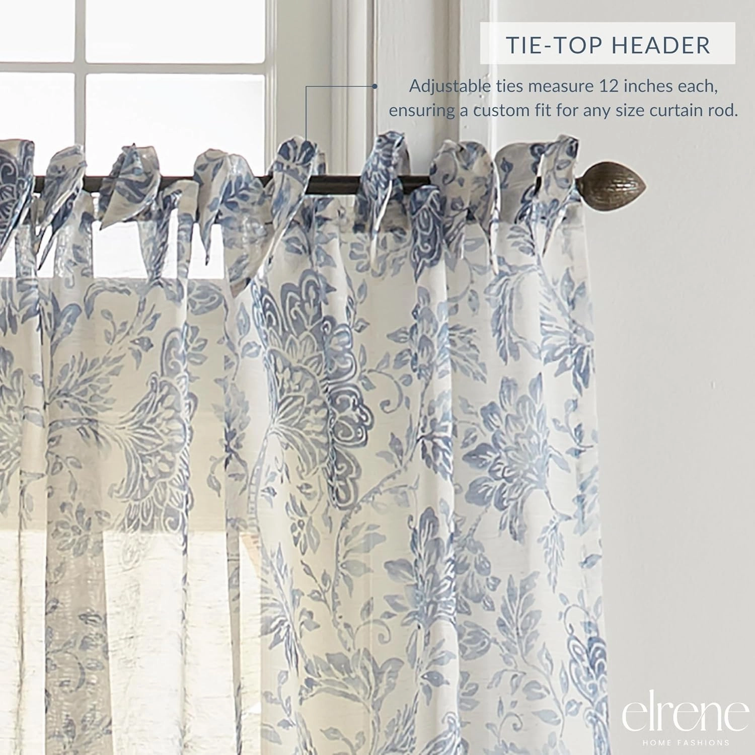 Elrene Home Fashions Westport Floral Tie-Top Sheer Window Curtain Panel, 52" x 84" (1), Indigo