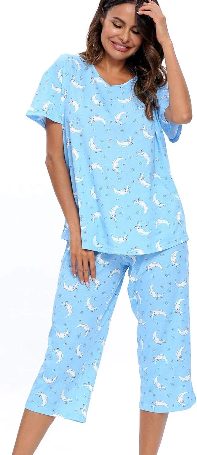 ENJOYNIGHT Womens Pajama Sets Cotton Pj Set Short Sleeve Top With Capri Pants Sleepwear 2 Piece Lounge Set