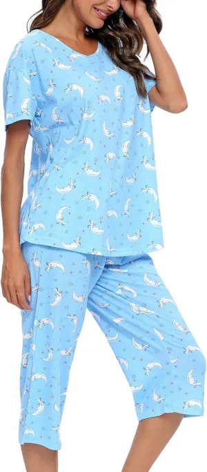 ENJOYNIGHT Womens Pajama Sets Cotton Pj Set Short Sleeve Top With Capri Pants Sleepwear 2 Piece Lounge Set