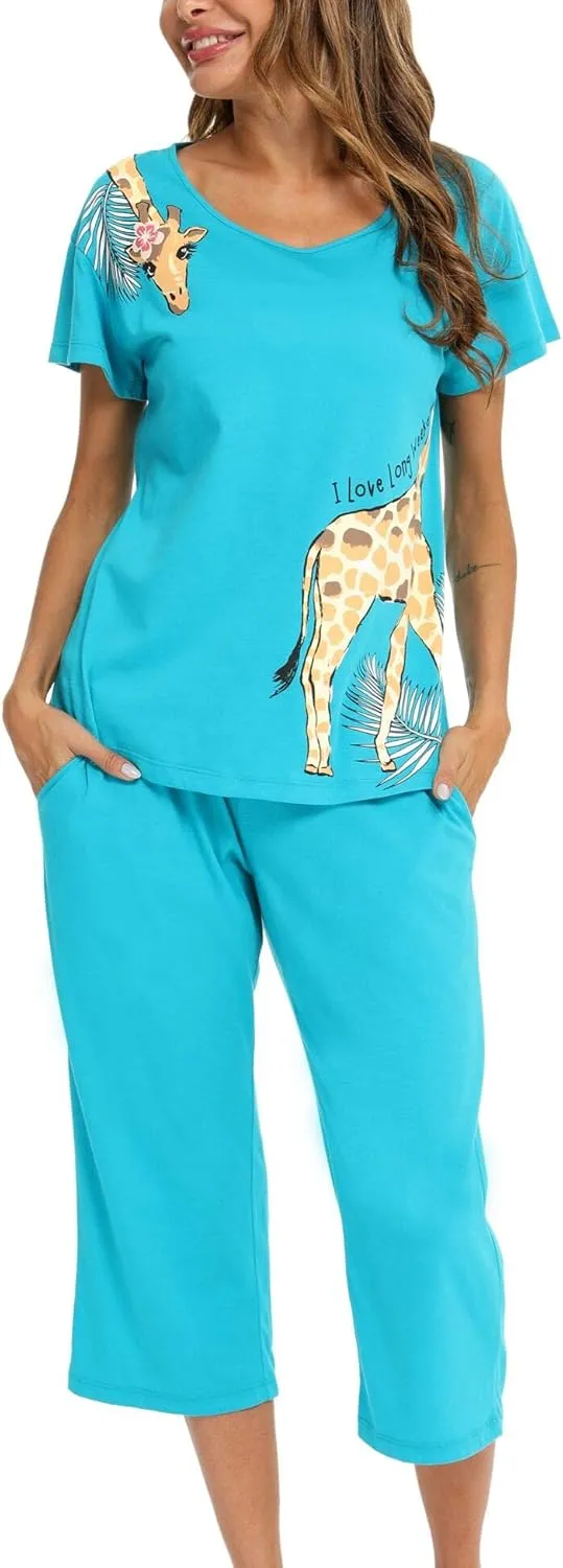 ENJOYNIGHT Womens Pajama Sets Cotton Pj Set Short Sleeve Top With Capri Pants Sleepwear 2 Piece Lounge Set
