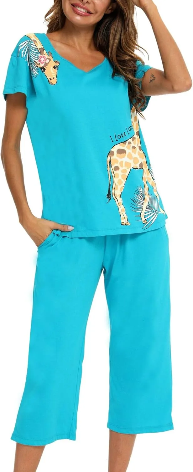 ENJOYNIGHT Womens Pajama Sets Cotton Pj Set Short Sleeve Top With Capri Pants Sleepwear 2 Piece Lounge Set