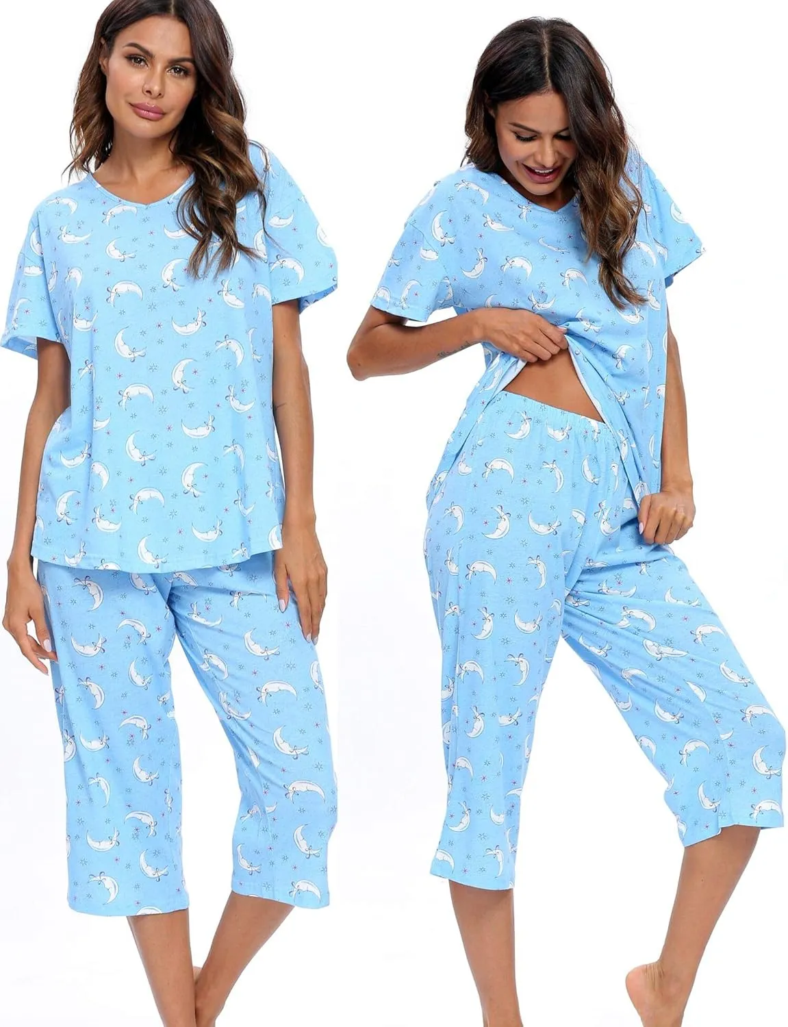 ENJOYNIGHT Womens Pajama Sets Cotton Pj Set Short Sleeve Top With Capri Pants Sleepwear 2 Piece Lounge Set