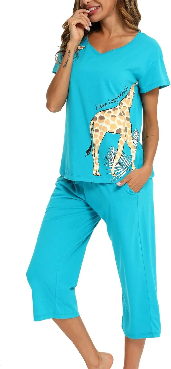 ENJOYNIGHT Womens Pajama Sets Cotton Pj Set Short Sleeve Top With Capri Pants Sleepwear 2 Piece Lounge Set