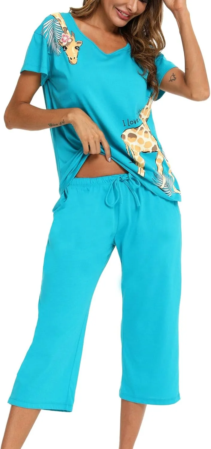 ENJOYNIGHT Womens Pajama Sets Cotton Pj Set Short Sleeve Top With Capri Pants Sleepwear 2 Piece Lounge Set