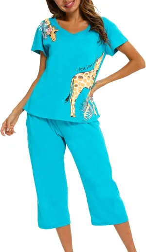 ENJOYNIGHT Womens Pajama Sets Cotton Pj Set Short Sleeve Top With Capri Pants Sleepwear 2 Piece Lounge Set