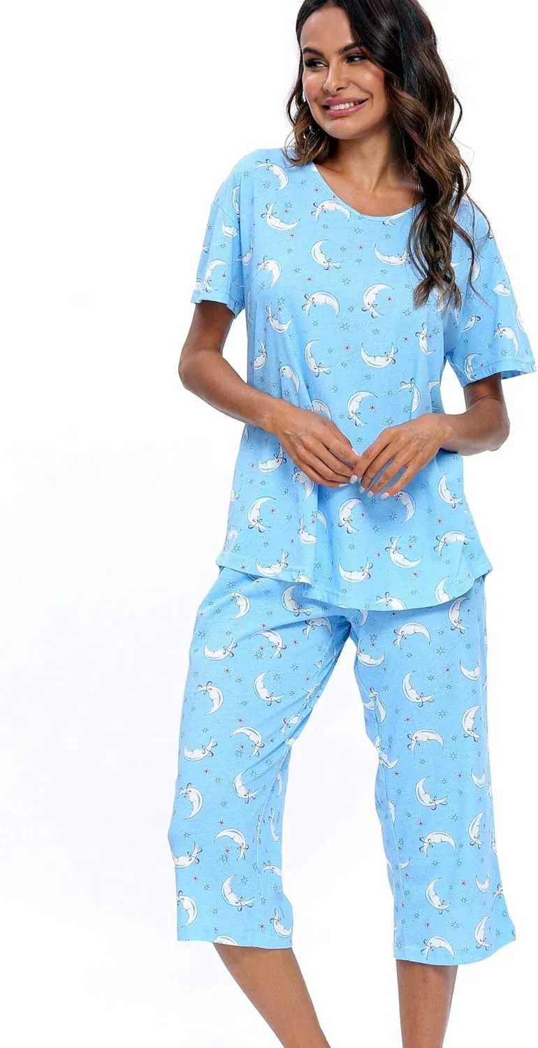 ENJOYNIGHT Womens Pajama Sets Cotton Pj Set Short Sleeve Top With Capri Pants Sleepwear 2 Piece Lounge Set