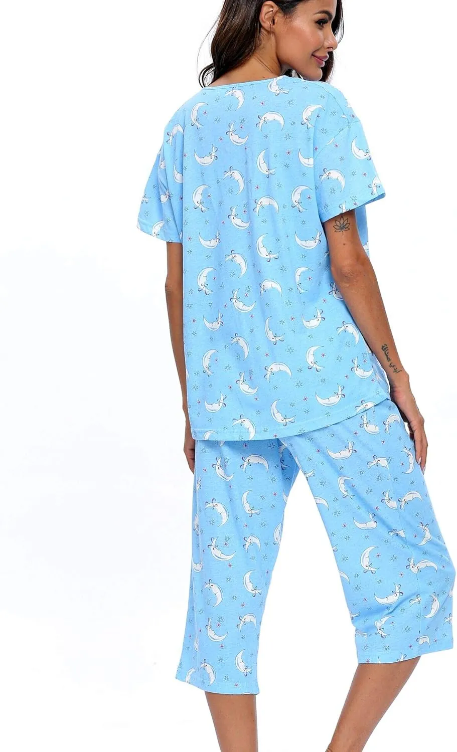 ENJOYNIGHT Womens Pajama Sets Cotton Pj Set Short Sleeve Top With Capri Pants Sleepwear 2 Piece Lounge Set