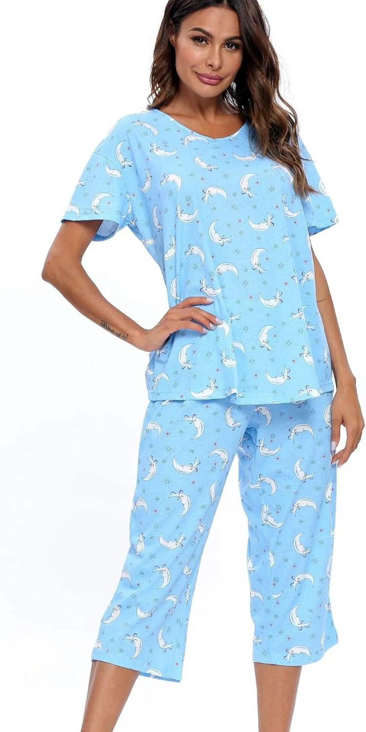 ENJOYNIGHT Womens Pajama Sets Cotton Pj Set Short Sleeve Top With Capri Pants Sleepwear 2 Piece Lounge Set