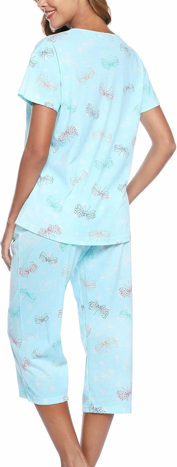 ENJOYNIGHT Womens Pajama Sets Cotton Pj Set Short Sleeve Top With Capri Pants Sleepwear 2 Piece Lounge Set