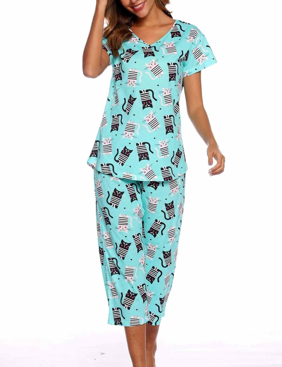 ENJOYNIGHT Womens Pajama Sets Cotton Pj Set Short Sleeve Top With Capri Pants Sleepwear 2 Piece Lounge Set