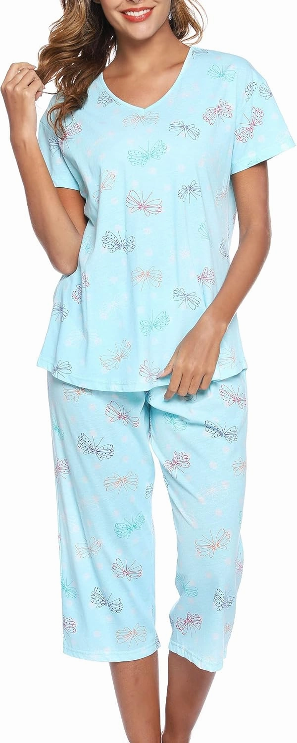 ENJOYNIGHT Womens Pajama Sets Cotton Pj Set Short Sleeve Top With Capri Pants Sleepwear 2 Piece Lounge Set