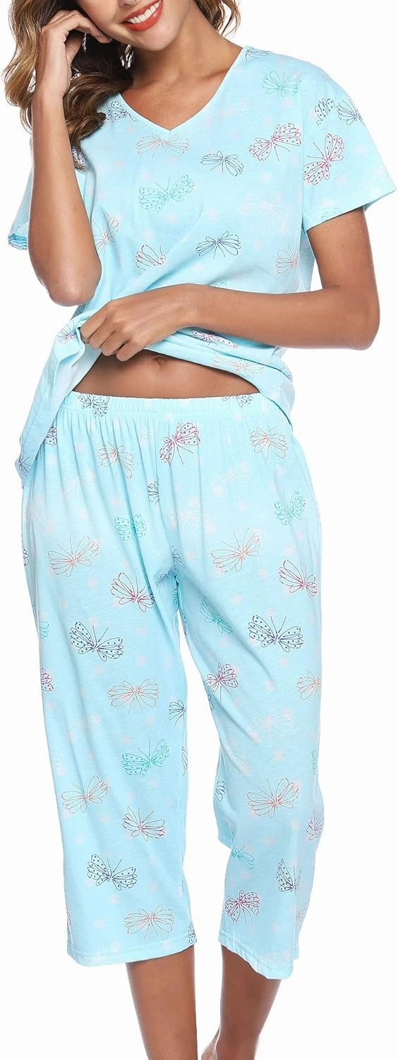 ENJOYNIGHT Womens Pajama Sets Cotton Pj Set Short Sleeve Top With Capri Pants Sleepwear 2 Piece Lounge Set