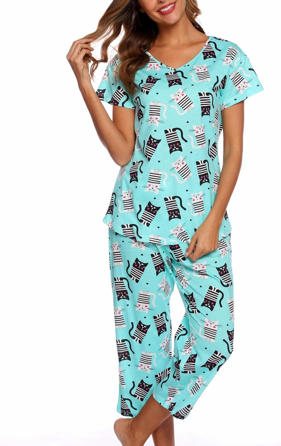ENJOYNIGHT Womens Pajama Sets Cotton Pj Set Short Sleeve Top With Capri Pants Sleepwear 2 Piece Lounge Set
