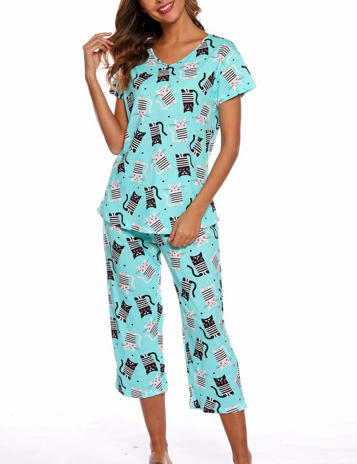 ENJOYNIGHT Womens Pajama Sets Cotton Pj Set Short Sleeve Top With Capri Pants Sleepwear 2 Piece Lounge Set