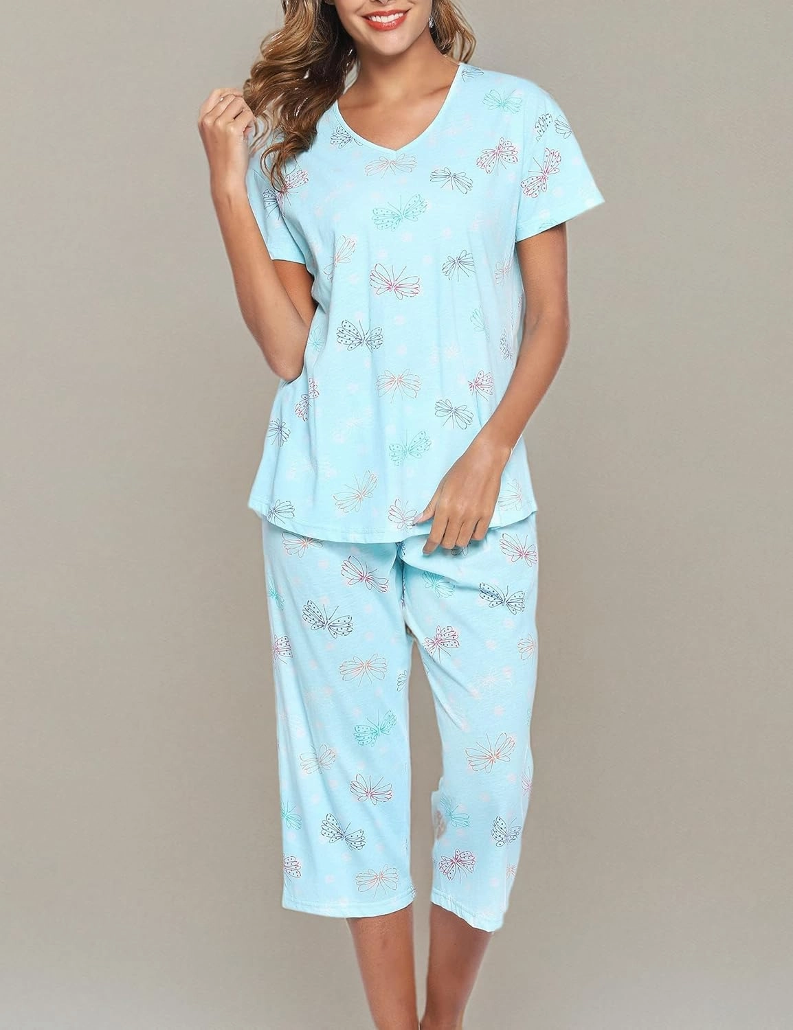 ENJOYNIGHT Womens Pajama Sets Cotton Pj Set Short Sleeve Top With Capri Pants Sleepwear 2 Piece Lounge Set