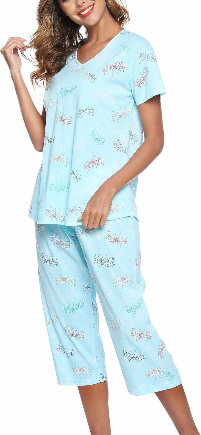 ENJOYNIGHT Womens Pajama Sets Cotton Pj Set Short Sleeve Top With Capri Pants Sleepwear 2 Piece Lounge Set